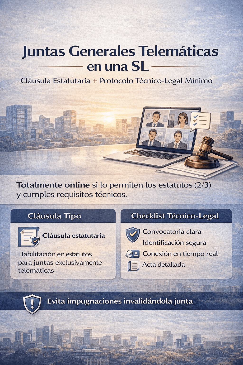 Juntas generales telemáticas en SL: cláusula estatutaria y protocolo técnico-legal mínimo en España